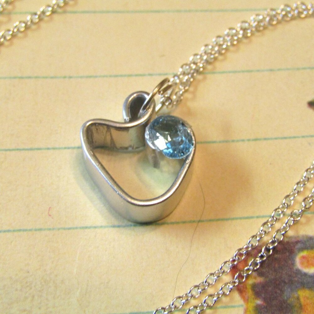 Blue Topaz Gemstone Free Form Silver Heart Pendant Silverplate Necklace Gift